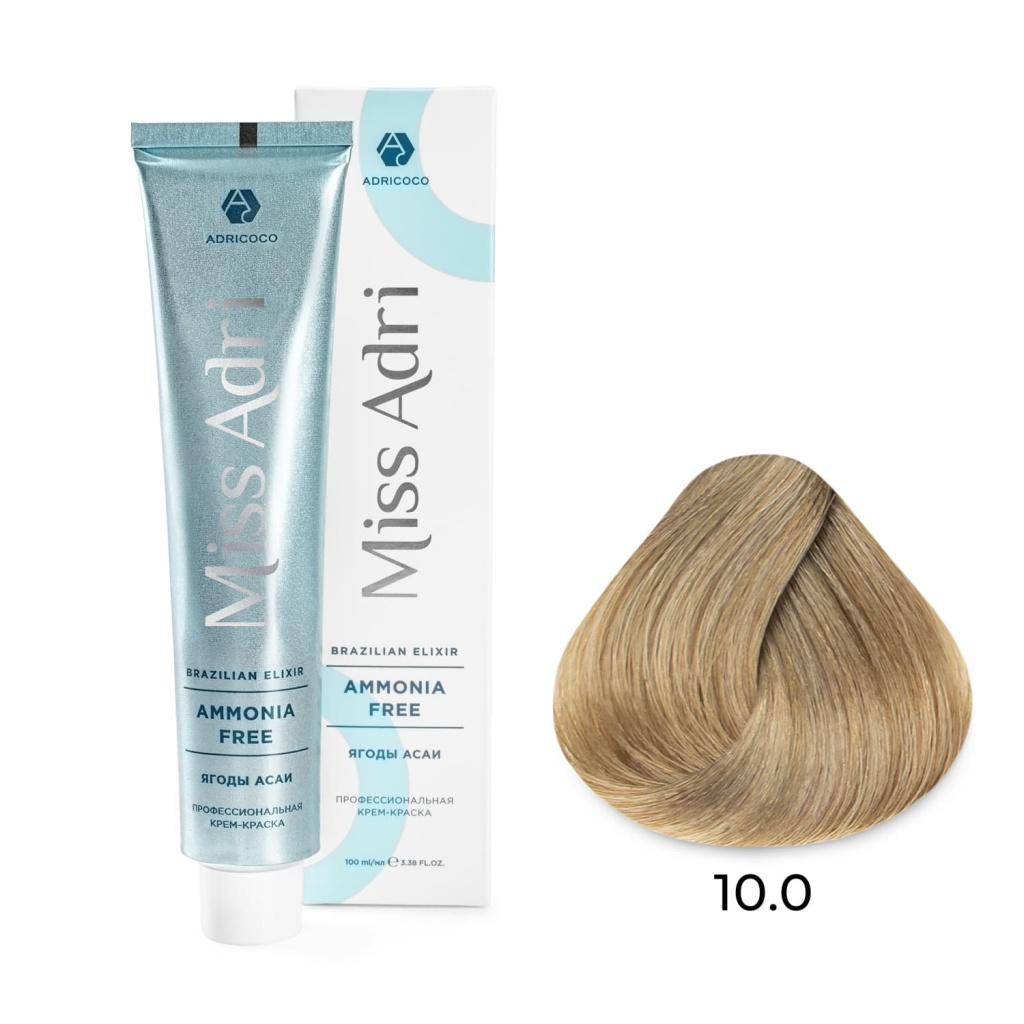 Крем-краска для волос ADRICOCO Miss Adri Brazilian Elixir Ammonia free оттенок 10.0 платиновый блонд 