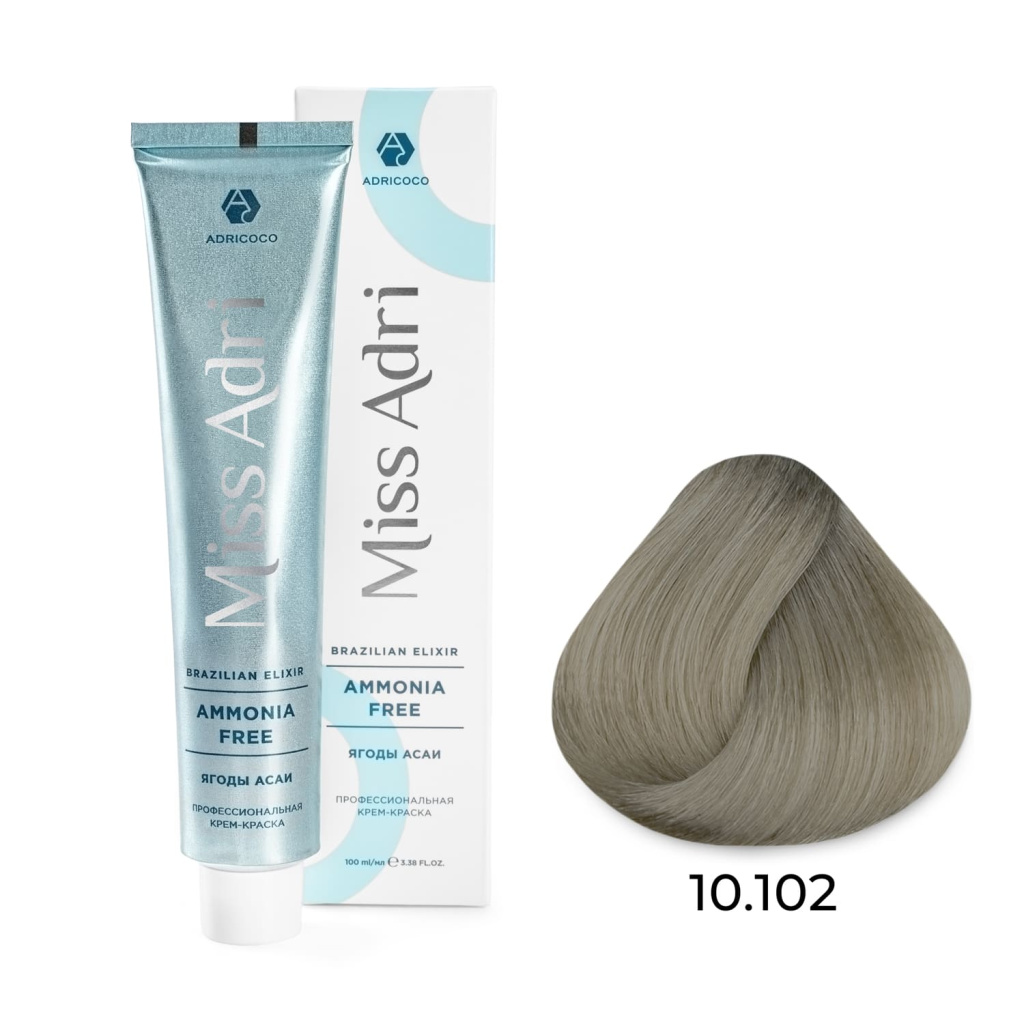 Крем-краска для волос ADRICOCO Miss Adri Brazilian Elixir Ammonia free оттенок 10.102 платиновый бло 