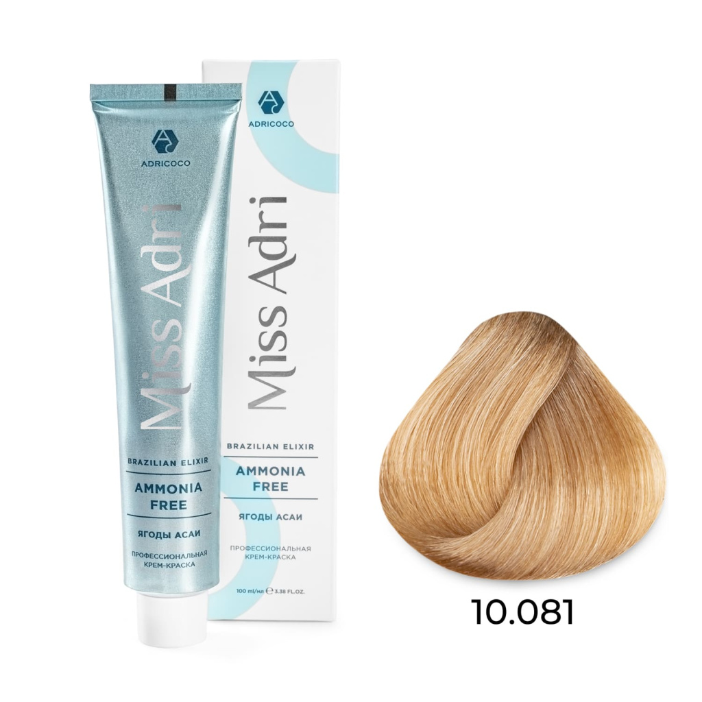 Крем-краска для волос ADRICOCO Miss Adri Brazilian Elixir Ammonia free оттенок 10.081 платиновый бло 