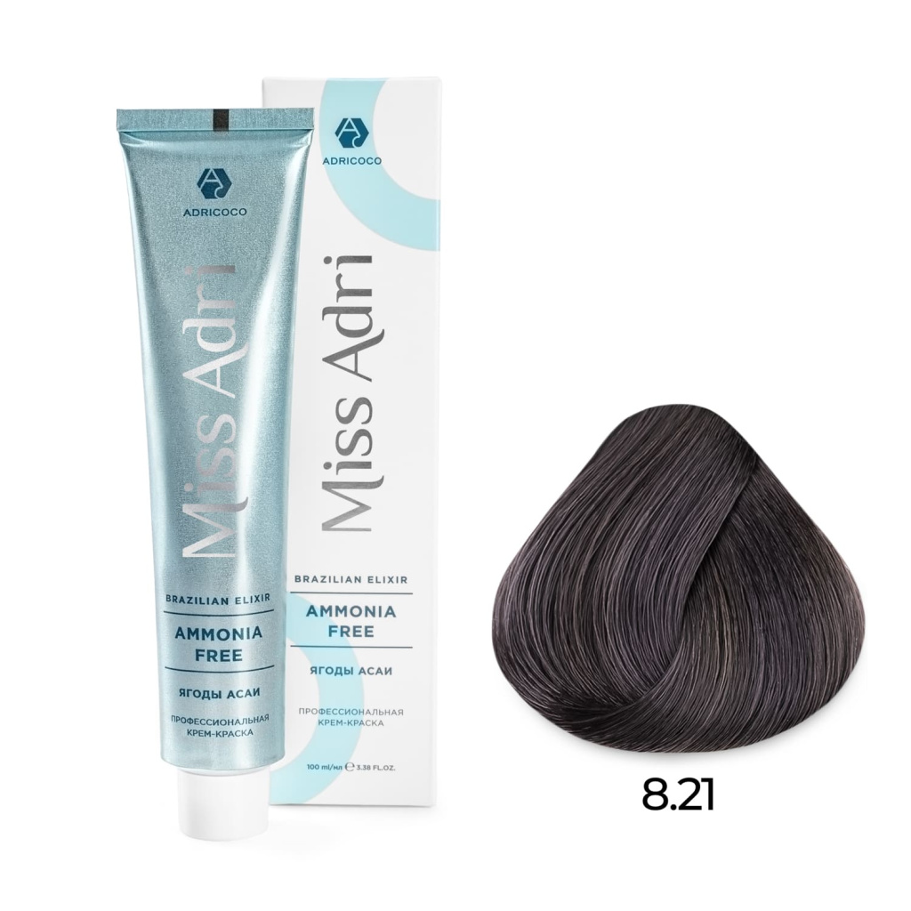 Крем-краска для волос ADRICOCO Miss Adri Brazilian Elixir Ammonia free оттенок 8.21 светлый блонд фи 