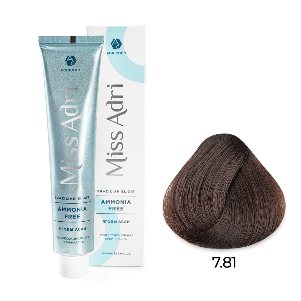Крем-краска для волос ADRICOCO Miss Adri Brazilian Elixir Ammonia free оттенок 7.81 блонд карамельны 