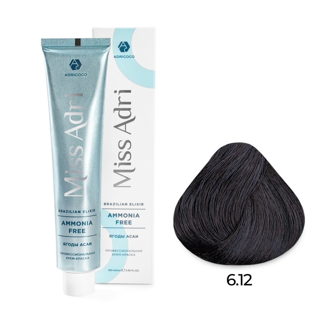 Крем-краска для волос ADRICOCO Miss Adri Brazilian Elixir Ammonia free оттенок 6.12 темный блонд пеп 
