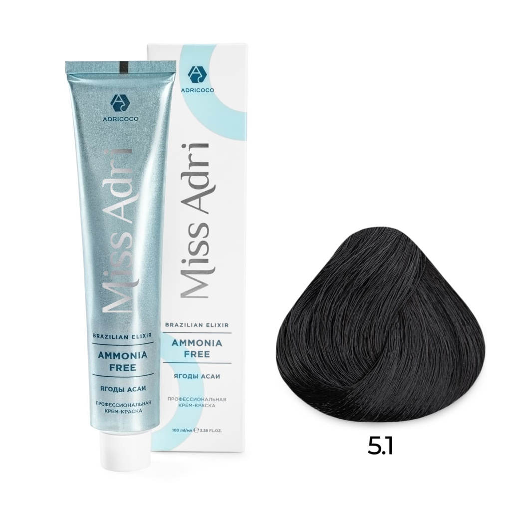 Крем-краска для волос ADRICOCO Miss Adri Brazilian Elixir Ammonia free оттенок 5.1 светлый коричневы 