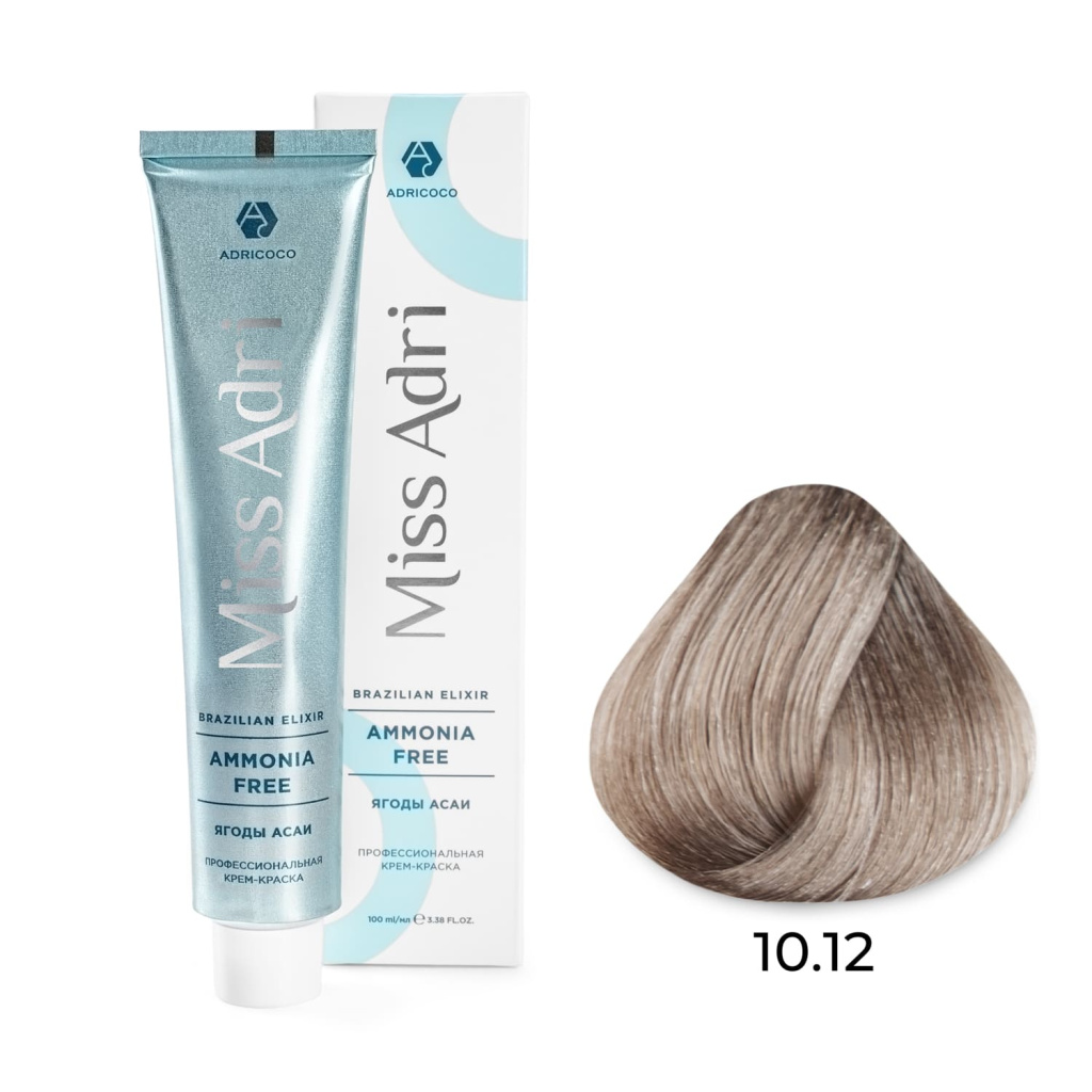 Крем-краска для волос ADRICOCO Miss Adri Brazilian Elixir Ammonia free оттенок 10.12 платиновый блон 